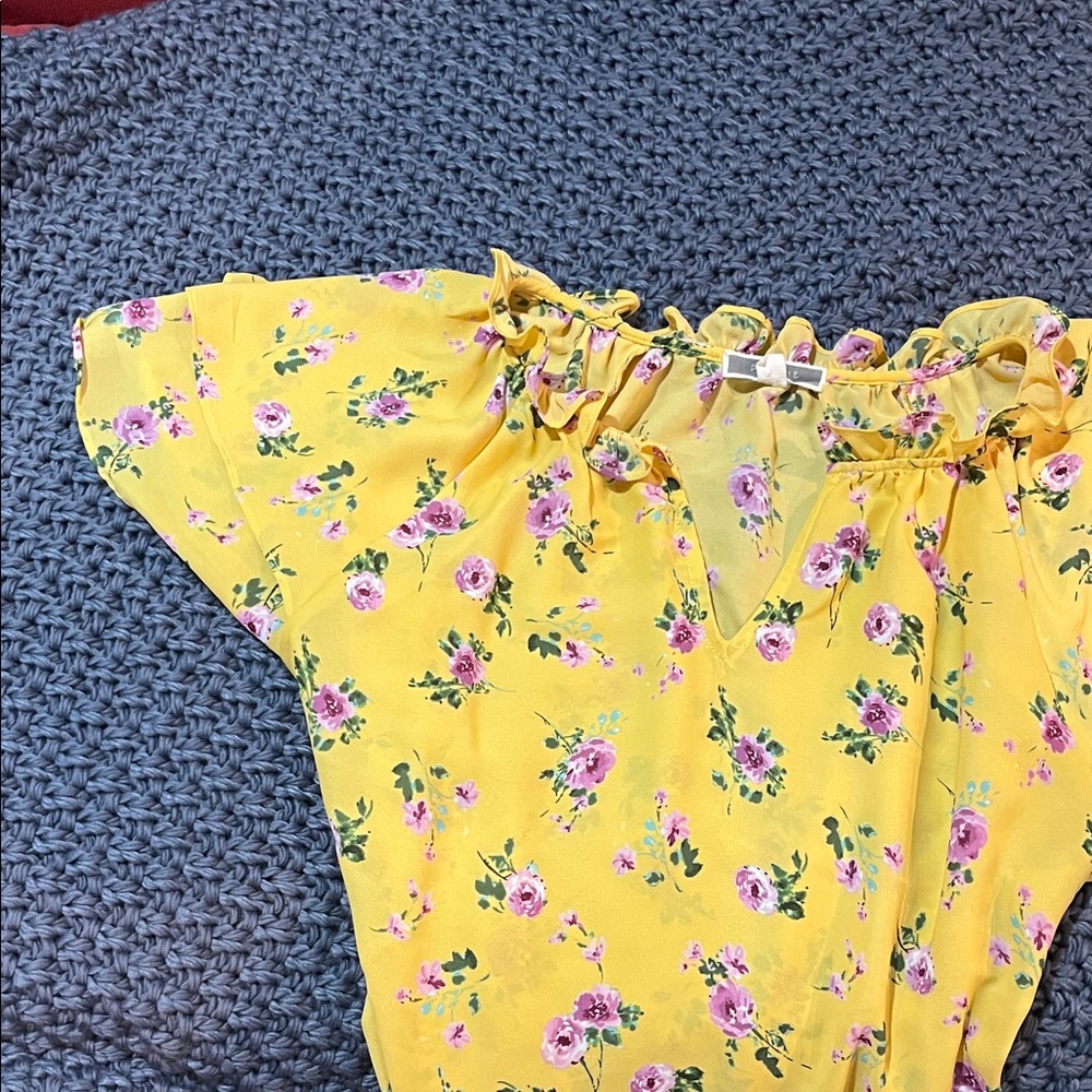 Floral Yellow Blouse with Ruffled Neckline